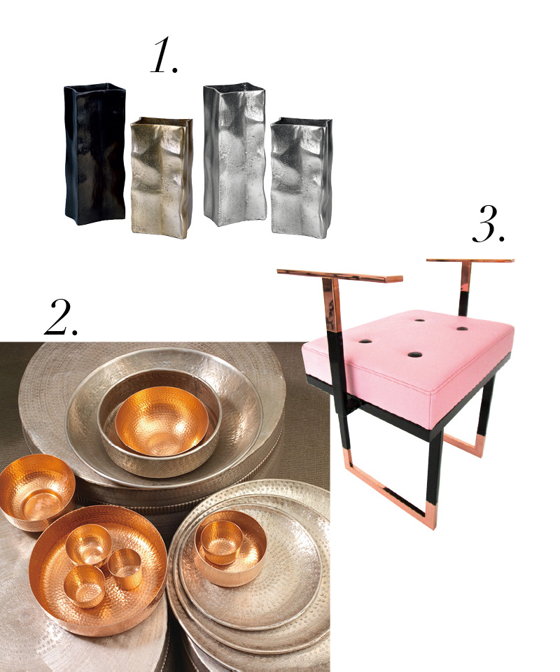 1. LAMBERT Samu vases花瓶系列。
2. SIMLA SA Plateaux en aluminium martelé餐盤。
3. NICOLA FALCONE Pouf Mondrian座椅。