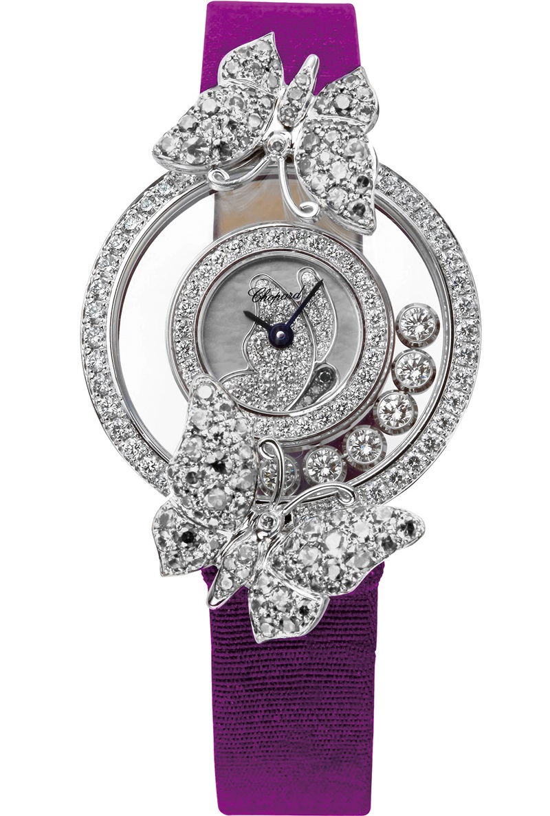 Chopard Happy Butterflies腕錶，18K白金錶殼鑲嵌鑽石／NTD1,112,000。