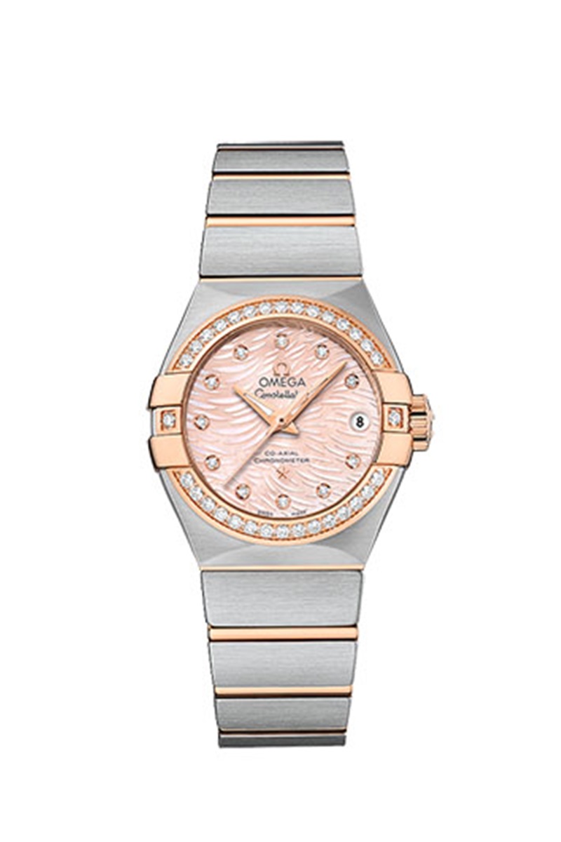 OMEGA Constellation星座系列腕錶，自動上鍊機芯、精鋼鑲鑽錶殼、時分秒顯示、日期顯示、27mm、防水深度100米。