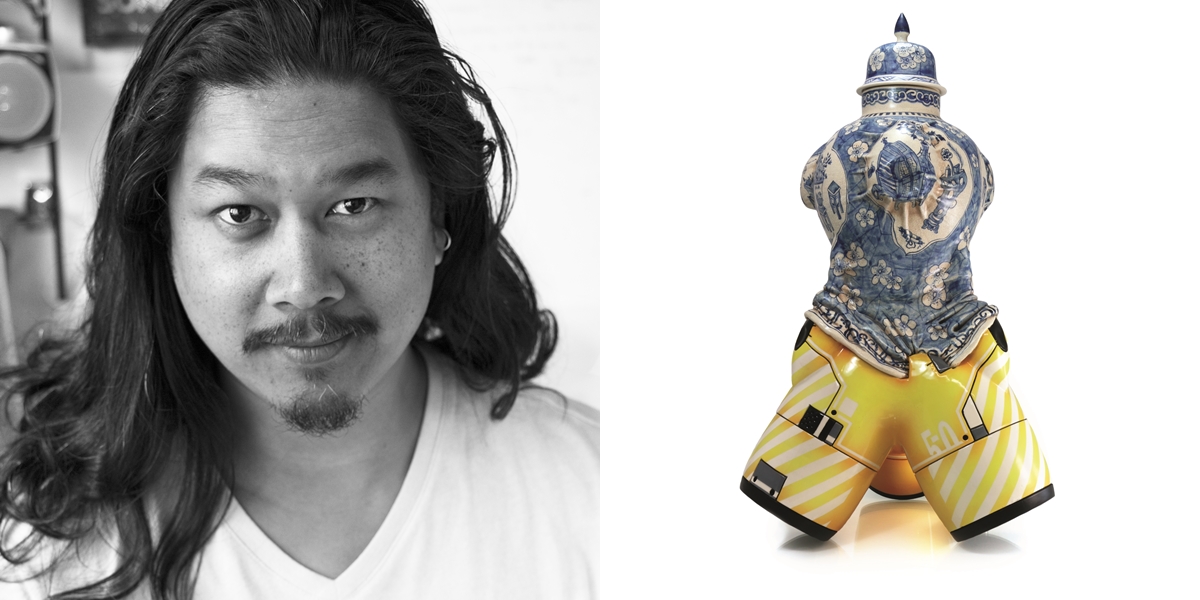 Brendan Lee Satish Tang，加拿大
父母均來自千里達島的Brendan Tang，1975年出生於都柏林。對美國中西部陶瓷感興趣的他，曾於加拿大修讀藝術，並現居溫哥華。
《Manga Ormolu Ver.5.0-s》，低溫陶瓷、釉料、壓克力，40.6 x 40.6 x 64 cm，2016年，一個集陶瓷傳統、流行文化和技術美學於一身的結合體。此作品利用機械義肢，為中式花瓶的傳統模樣立下新定義，創造以粘土及壓克力融為一體之作。